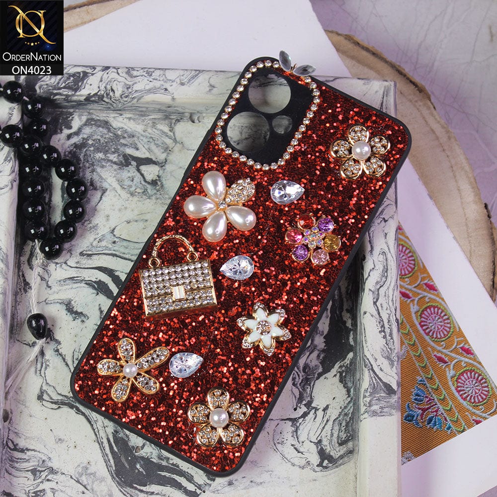Tecno Spark 9T Cover - Red - New Bling Bling Sparkle 3D Flowers Shiny Glitter Texture Protective Case
