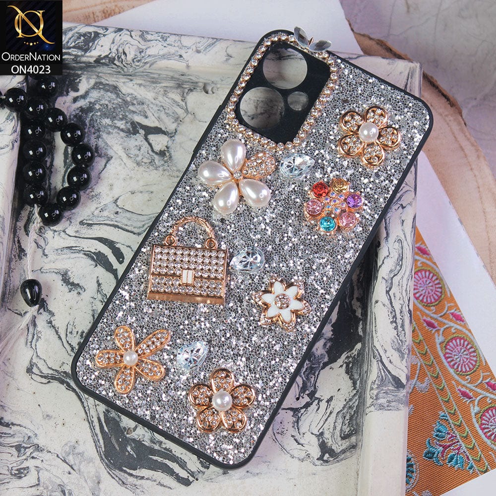 Tecno Spark 9T Cover - Silver - New Bling Bling Sparkle 3D Flowers Shiny Glitter Texture Protective Case