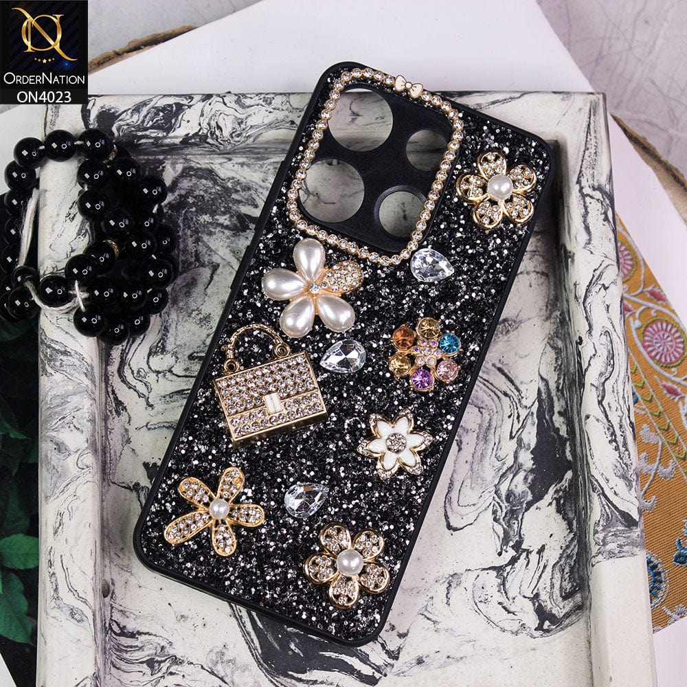 Tecno Spark Go 2023 Cover - Black - New Bling Bling Sparkle 3D Flowers Shiny Glitter Texture Protective Case