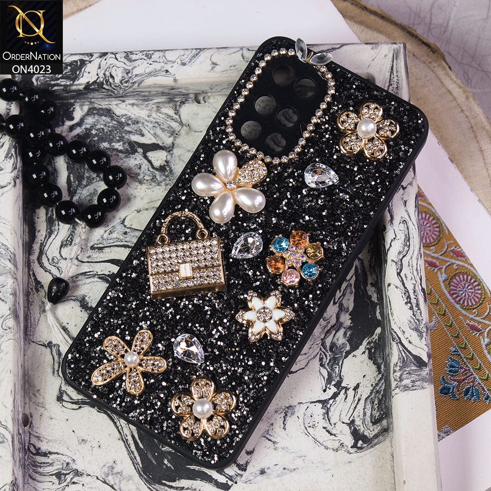 Tecno Pova Cover - Black - New Bling Bling Sparkle 3D Flowers Shiny Glitter Texture Protective Case