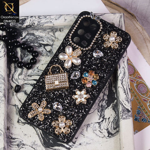 Tecno Pova Cover - Black - New Bling Bling Sparkle 3D Flowers Shiny Glitter Texture Protective Case