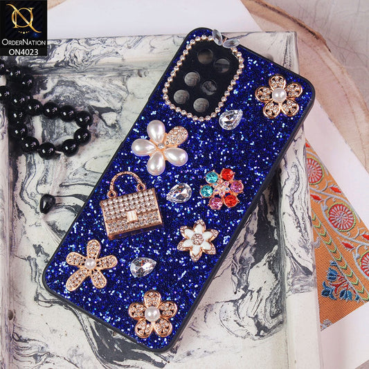 Tecno Pova Cover - Blue - New Bling Bling Sparkle 3D Flowers Shiny Glitter Texture Protective Case