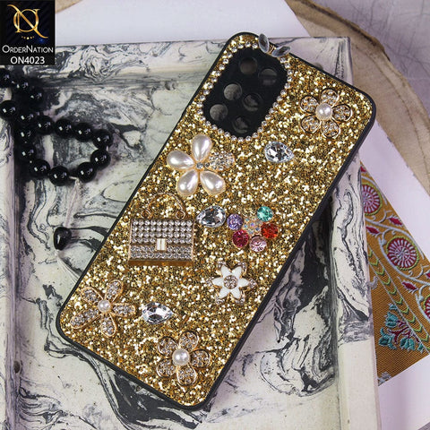 Tecno Pova Cover - Golden - New Bling Bling Sparkle 3D Flowers Shiny Glitter Texture Protective Case