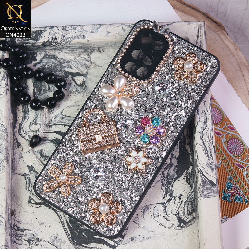 Tecno Pova Cover - Silver - New Bling Bling Sparkle 3D Flowers Shiny Glitter Texture Protective Case