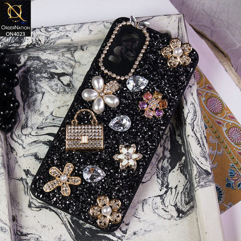 Vivo V21e Cover - Black - New Bling Bling Sparkle 3D Flowers Shiny Glitter Texture Protective Case