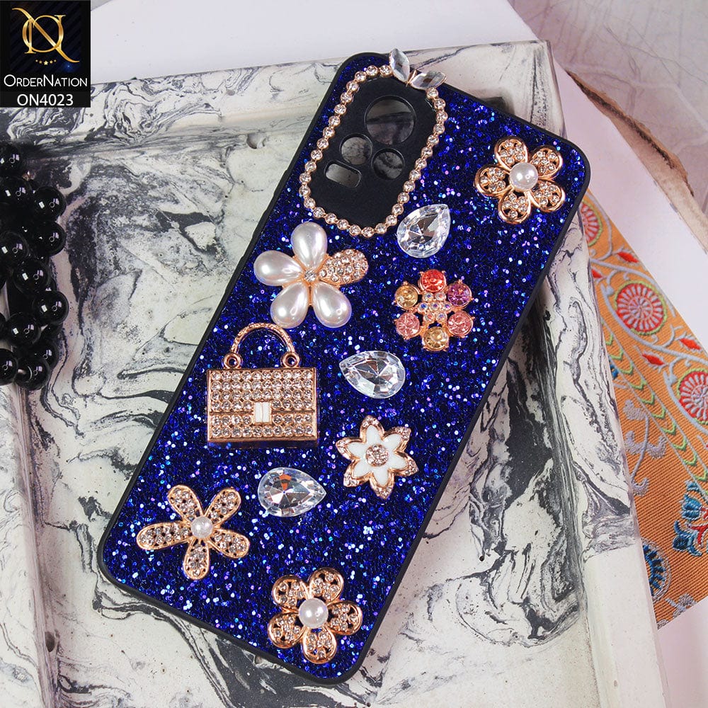 Vivo V21e Cover - Blue - New Bling Bling Sparkle 3D Flowers Shiny Glitter Texture Protective Case
