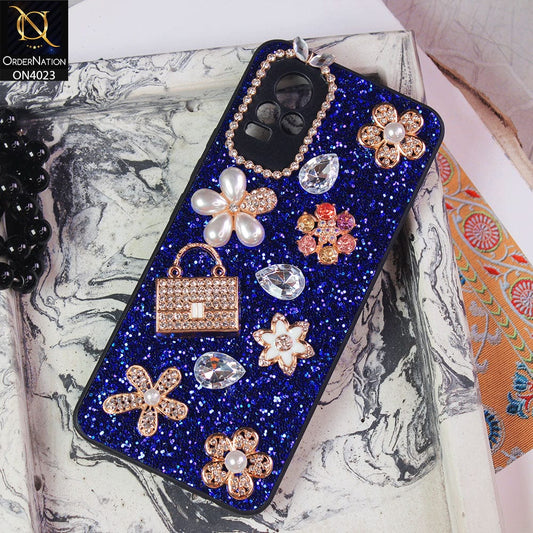 Vivo V21e Cover - Blue - New Bling Bling Sparkle 3D Flowers Shiny Glitter Texture Protective Case