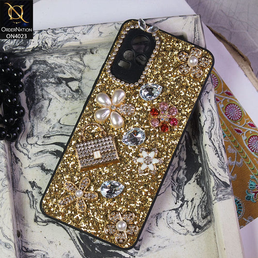 Vivo Y73 Cover - Golden - New Bling Bling Sparkle 3D Flowers Shiny Glitter Texture Protective Case