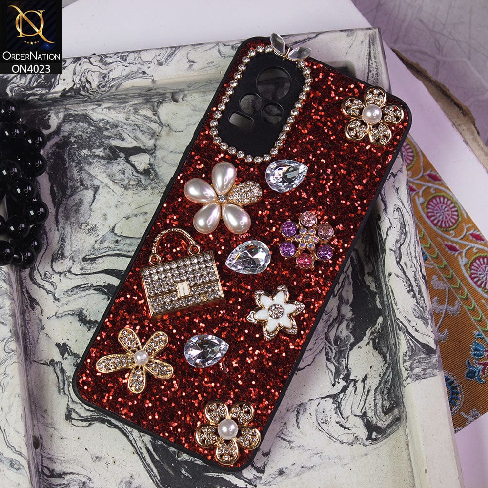 Vivo Y73 Cover - Red - New Bling Bling Sparkle 3D Flowers Shiny Glitter Texture Protective Case