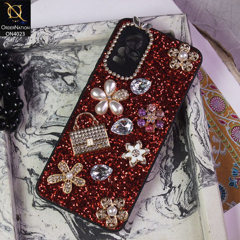 Vivo Y73 Cover - Red - New Bling Bling Sparkle 3D Flowers Shiny Glitter Texture Protective Case