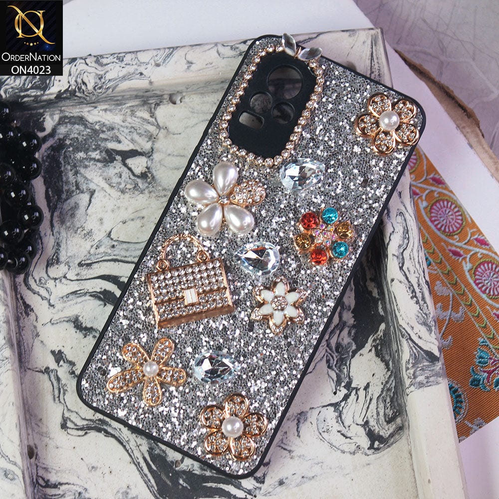 Vivo V21e Cover - Silver - New Bling Bling Sparkle 3D Flowers Shiny Glitter Texture Protective Case