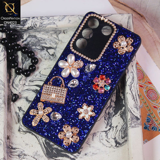 Vivo V27e Cover - Blue - New Bling Bling Sparkle 3D Flowers Shiny Glitter Texture Protective Case