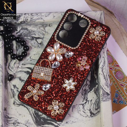 Vivo V27e Cover - Red - New Bling Bling Sparkle 3D Flowers Shiny Glitter Texture Protective Case