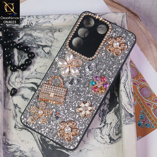 Vivo V27e Cover - Silver - New Bling Bling Sparkle 3D Flowers Shiny Glitter Texture Protective Case