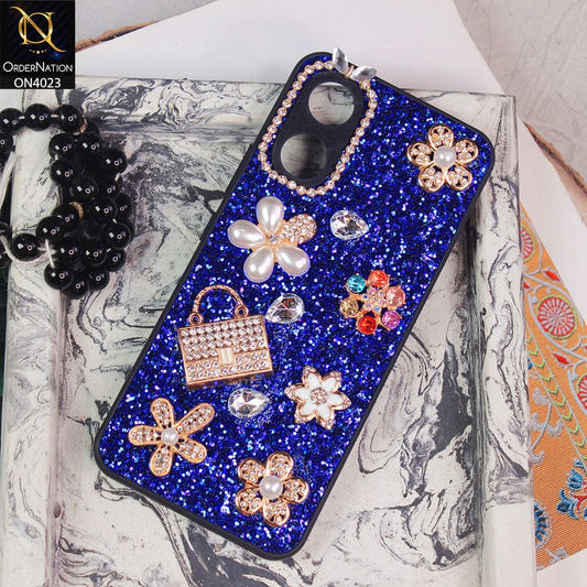 Vivo Y02s Cover - Blue - New Bling Bling Sparkle 3D Flowers Shiny Glitter Texture Protective Case