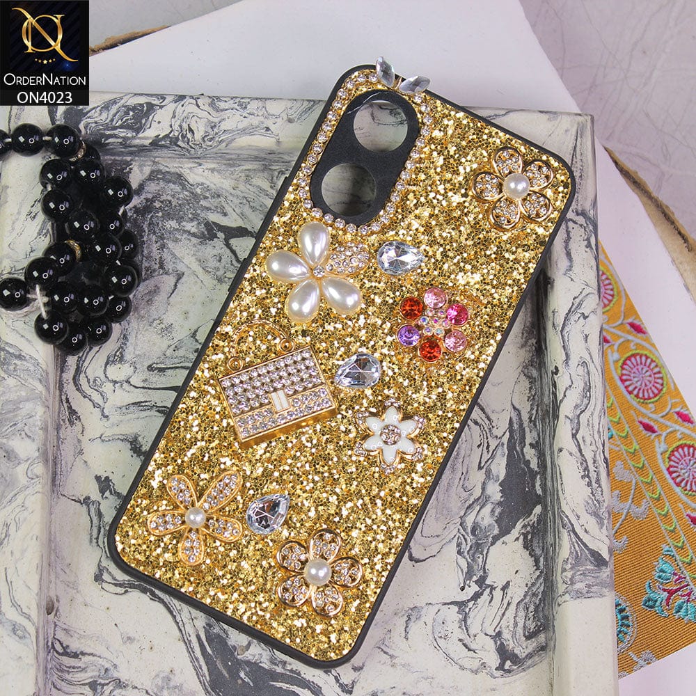 Vivo Y02s Cover - Golden - New Bling Bling Sparkle 3D Flowers Shiny Glitter Texture Protective Case