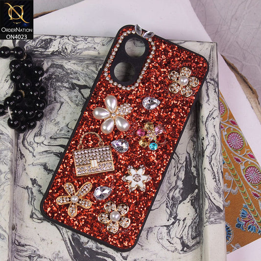 Vivo Y02s Cover - Red - New Bling Bling Sparkle 3D Flowers Shiny Glitter Texture Protective Case
