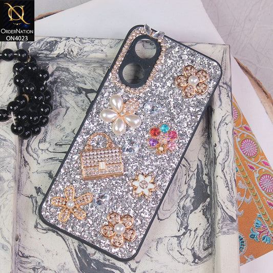 Vivo Y02s Cover - Silver - New Bling Bling Sparkle 3D Flowers Shiny Glitter Texture Protective Case