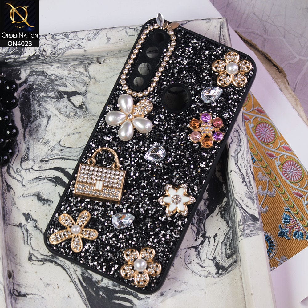 Vivo Y17 Cover - Black - New Bling Bling Sparkle 3D Flowers Shiny Glitter Texture Protective Case