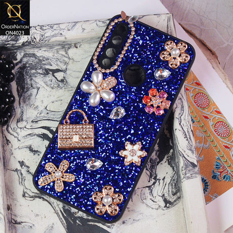 Vivo Y17 Cover - Blue - New Bling Bling Sparkle 3D Flowers Shiny Glitter Texture Protective Case