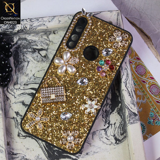 Vivo Y12 Cover - Golden - New Bling Bling Sparkle 3D Flowers Shiny Glitter Texture Protective Case