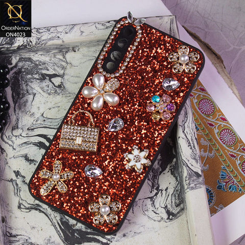 Vivo Y12 Cover - Red - New Bling Bling Sparkle 3D Flowers Shiny Glitter Texture Protective Case