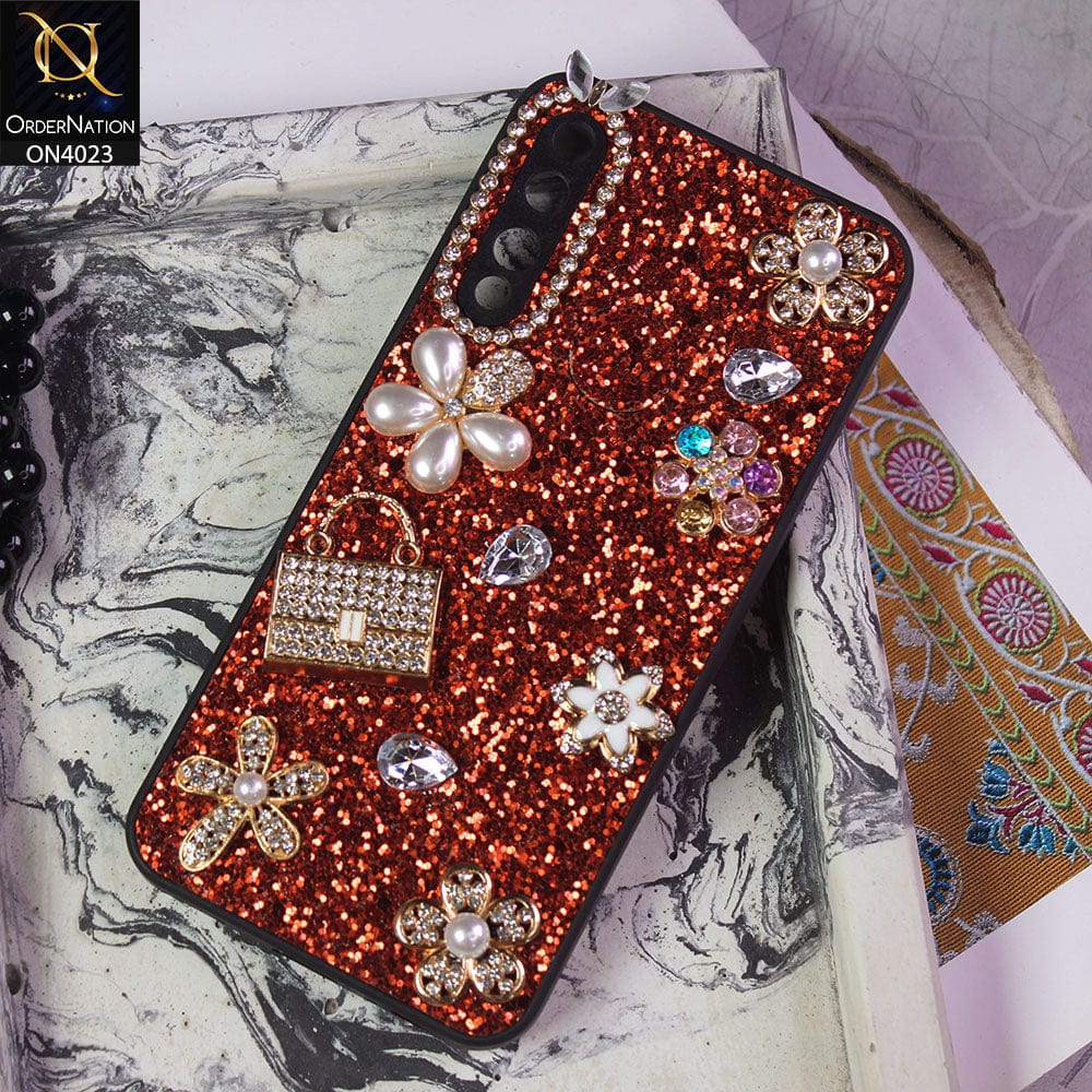 Vivo Y17 Cover - Red - New Bling Bling Sparkle 3D Flowers Shiny Glitter Texture Protective Case