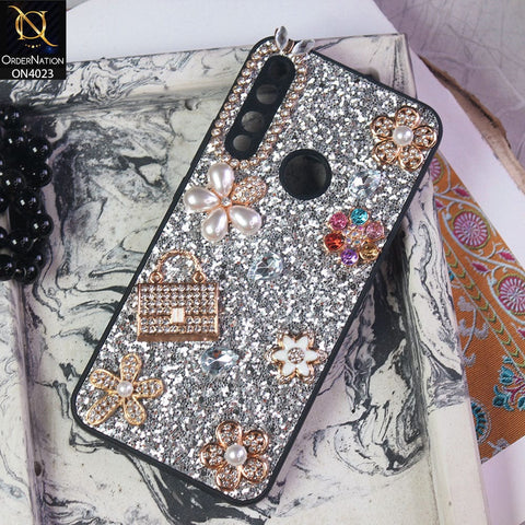 Vivo Y17 Cover - Silver - New Bling Bling Sparkle 3D Flowers Shiny Glitter Texture Protective Case