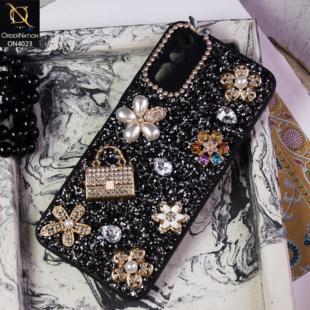Vivo Y20a Cover - Black - New Bling Bling Sparkle 3D Flowers Shiny Glitter Texture Protective Case