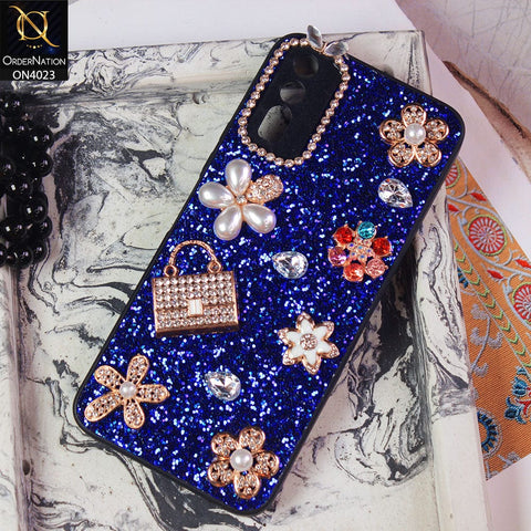 Vivo Y11s Cover - Blue - New Bling Bling Sparkle 3D Flowers Shiny Glitter Texture Protective Case