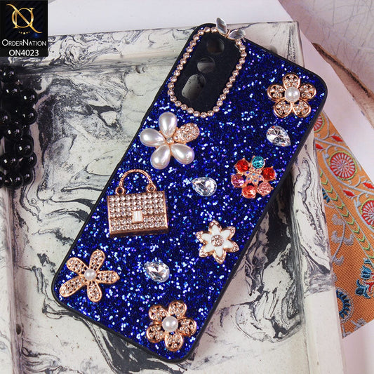 Vivo Y20s Cover - Blue - New Bling Bling Sparkle 3D Flowers Shiny Glitter Texture Protective Case