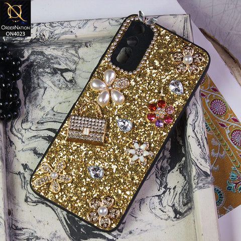 Vivo Y12s Cover - Golden - New Bling Bling Sparkle 3D Flowers Shiny Glitter Texture Protective Case