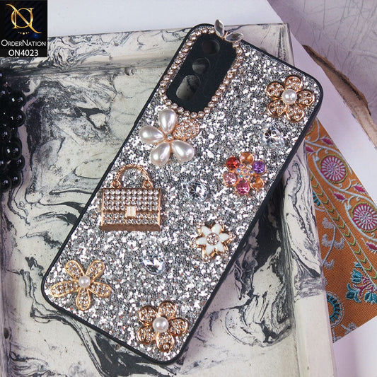 Vivo Y12s Cover - Silver - New Bling Bling Sparkle 3D Flowers Shiny Glitter Texture Protective Case
