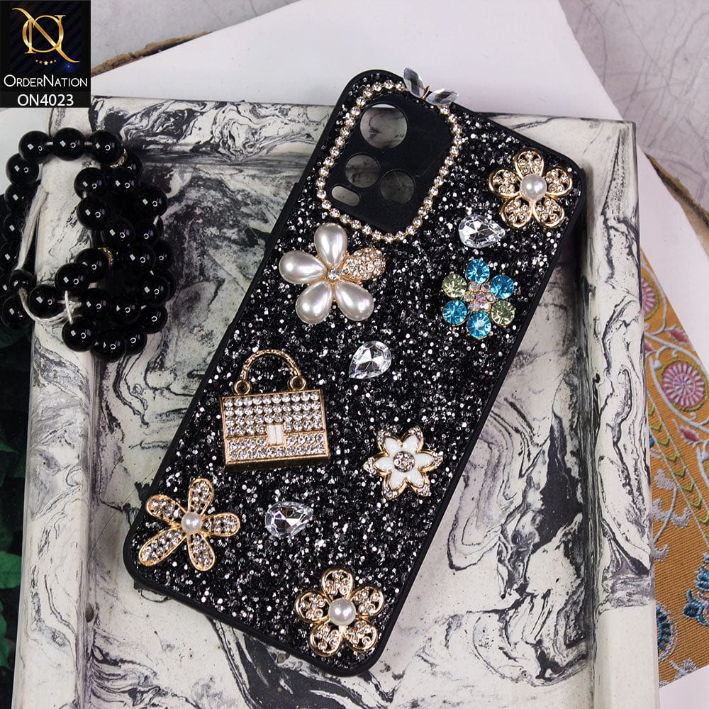 Vivo Y21a Cover - Black - New Bling Bling Sparkle 3D Flowers Shiny Glitter Texture Protective Case