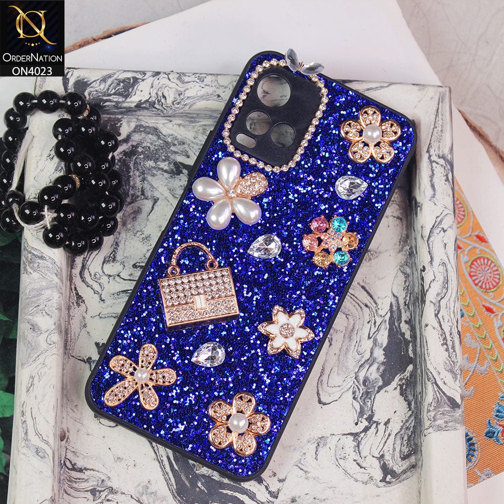 Vivo Y21e Cover - Blue - New Bling Bling Sparkle 3D Flowers Shiny Glitter Texture Protective Case