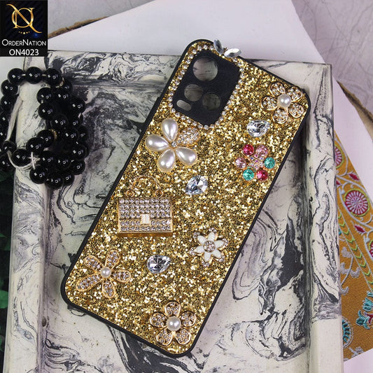 Vivo Y21 Cover - Golden - New Bling Bling Sparkle 3D Flowers Shiny Glitter Texture Protective Case