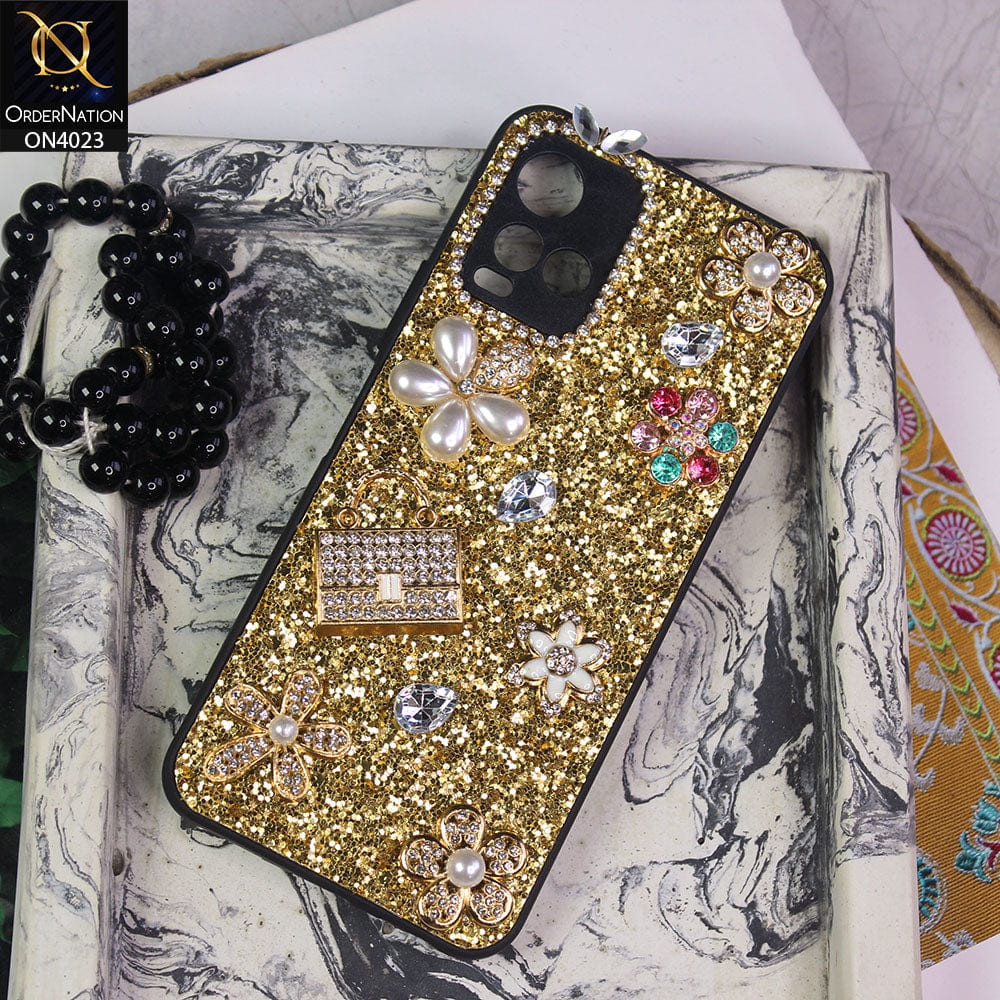 Vivo Y21a Cover - Golden - New Bling Bling Sparkle 3D Flowers Shiny Glitter Texture Protective Case