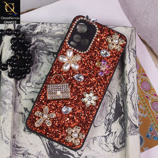 Vivo Y21a Cover - Red - New Bling Bling Sparkle 3D Flowers Shiny Glitter Texture Protective Case