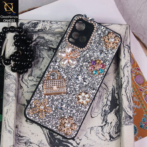Vivo Y21a Cover - Silver - New Bling Bling Sparkle 3D Flowers Shiny Glitter Texture Protective Case