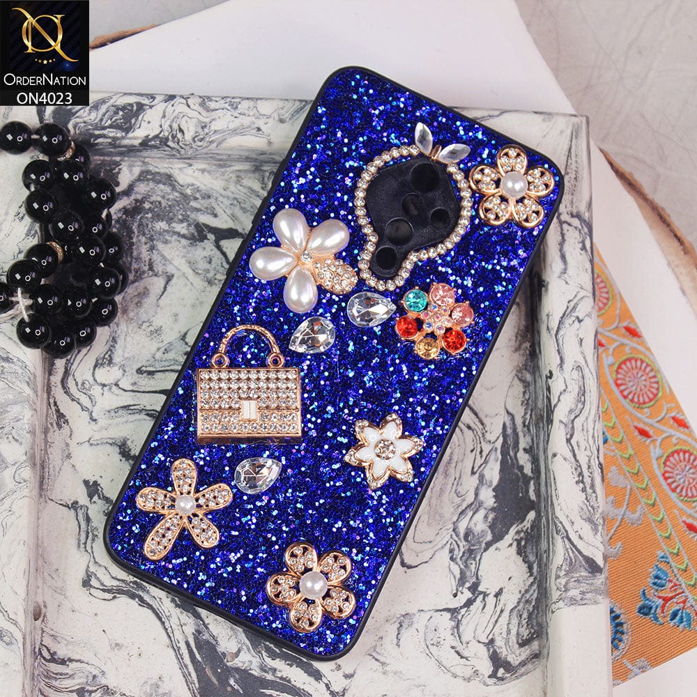 Vivo Y51 (2020 September) Cover - Blue - New Bling Bling Sparkle 3D Flowers Shiny Glitter Texture Protective Case