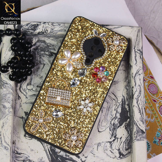 Vivo Y51 (2020 September) Cover - Golden - New Bling Bling Sparkle 3D Flowers Shiny Glitter Texture Protective Case