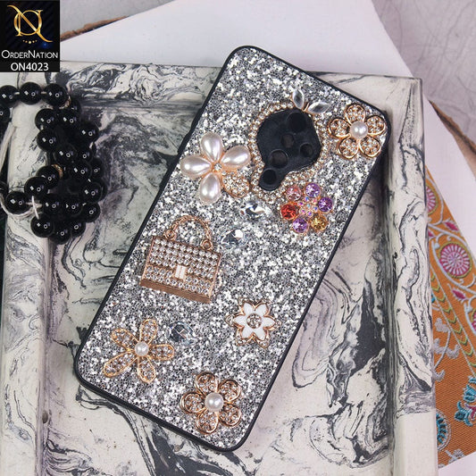 Vivo S1 Pro Cover - Silver - New Bling Bling Sparkle 3D Flowers Shiny Glitter Texture Protective Case