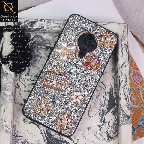 Vivo Y51 (2020 September) Cover - Silver - New Bling Bling Sparkle 3D Flowers Shiny Glitter Texture Protective Case