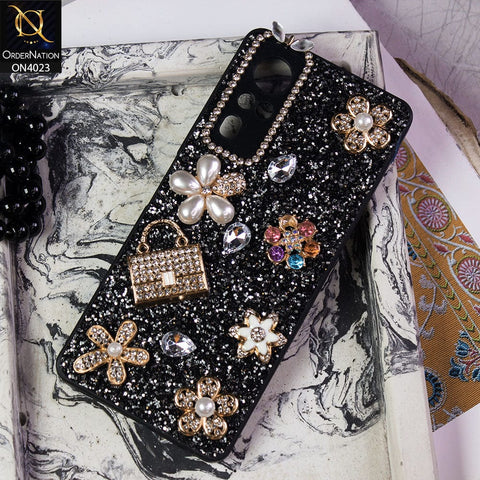 Vivo Y31 Cover - Black - New Bling Bling Sparkle 3D Flowers Shiny Glitter Texture Protective Case
