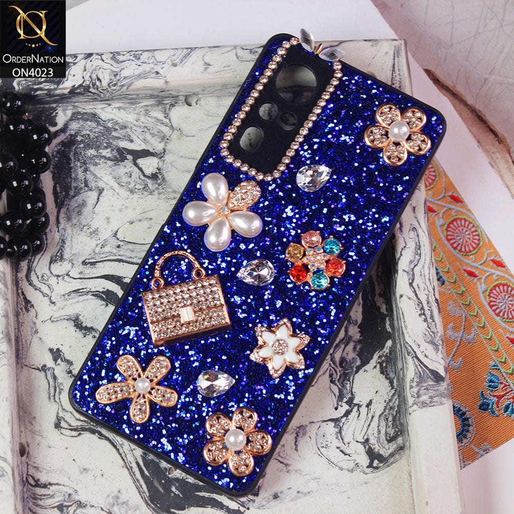 Vivo Y33 Cover - Blue - New Bling Bling Sparkle 3D Flowers Shiny Glitter Texture Protective Case