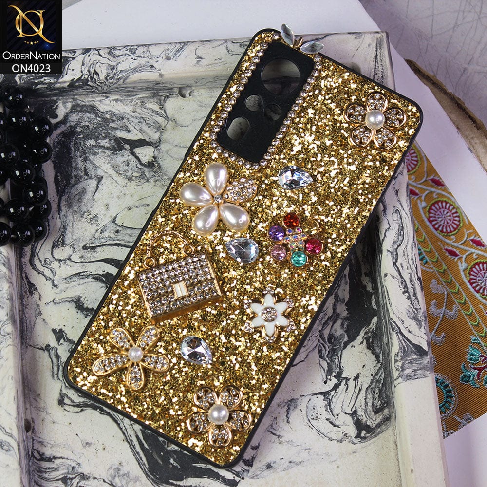 Vivo Y51a Cover - Golden - New Bling Bling Sparkle 3D Flowers Shiny Glitter Texture Protective Case