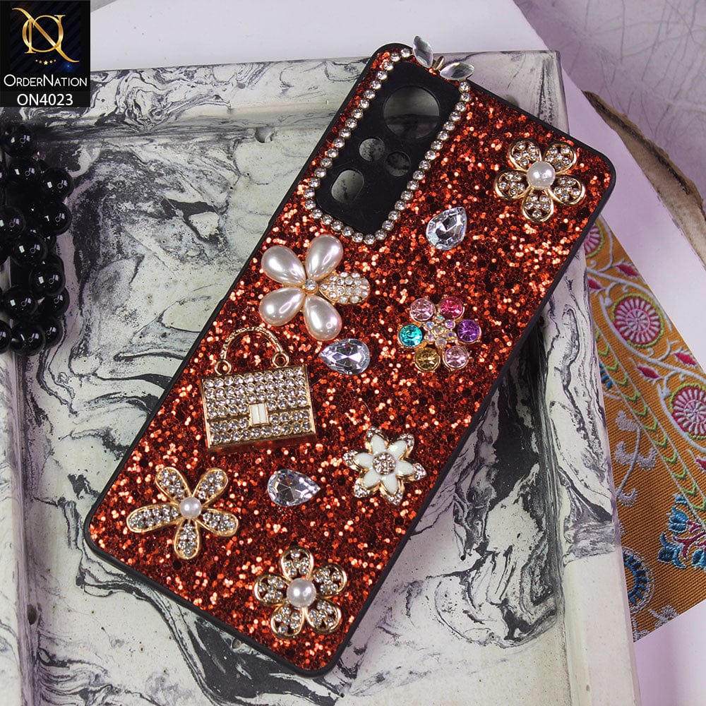 Vivo Y51a Cover - Red - New Bling Bling Sparkle 3D Flowers Shiny Glitter Texture Protective Case