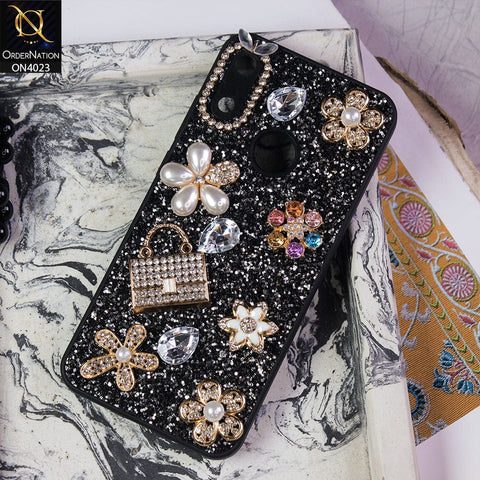 Huawei Y6s 2019 Cover - Black - New Bling Bling Sparkle 3D Flowers Shiny Glitter Texture Protective Case