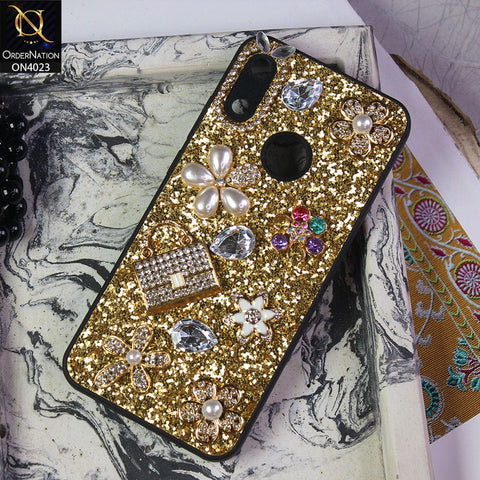 Huawei Y6s 2019 Cover - Golden - New Bling Bling Sparkle 3D Flowers Shiny Glitter Texture Protective Case
