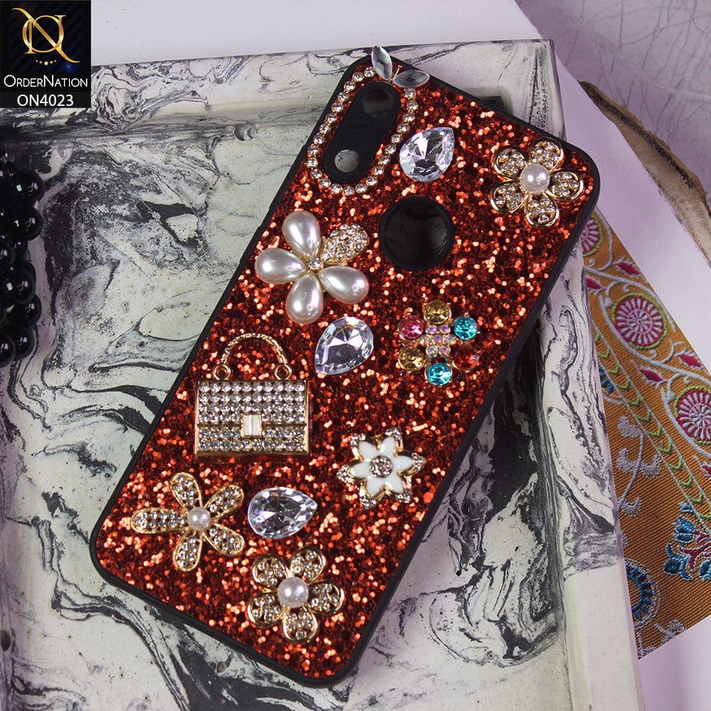 Huawei Y6s 2019 Cover - Red - New Bling Bling Sparkle 3D Flowers Shiny Glitter Texture Protective Case